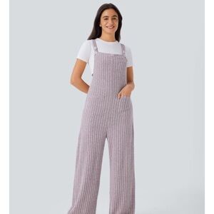 Halara Rib-Knit Wide-Leg Overalls - Light Pink